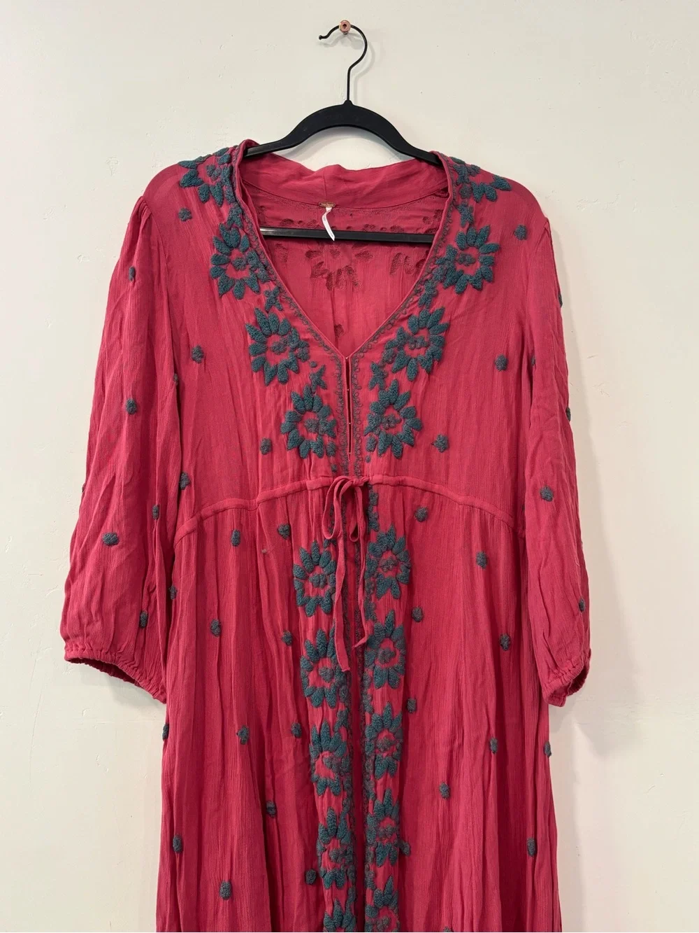 Free People Embroidered Fable Midi Dusty Rose Blue Boho Dress Size L